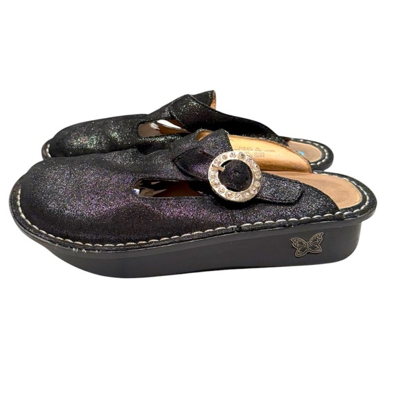 Alegria PG Lite Black Suede Leather Sparkle T-Strap Mules Slip On Size 36 - Picture 1 of 5